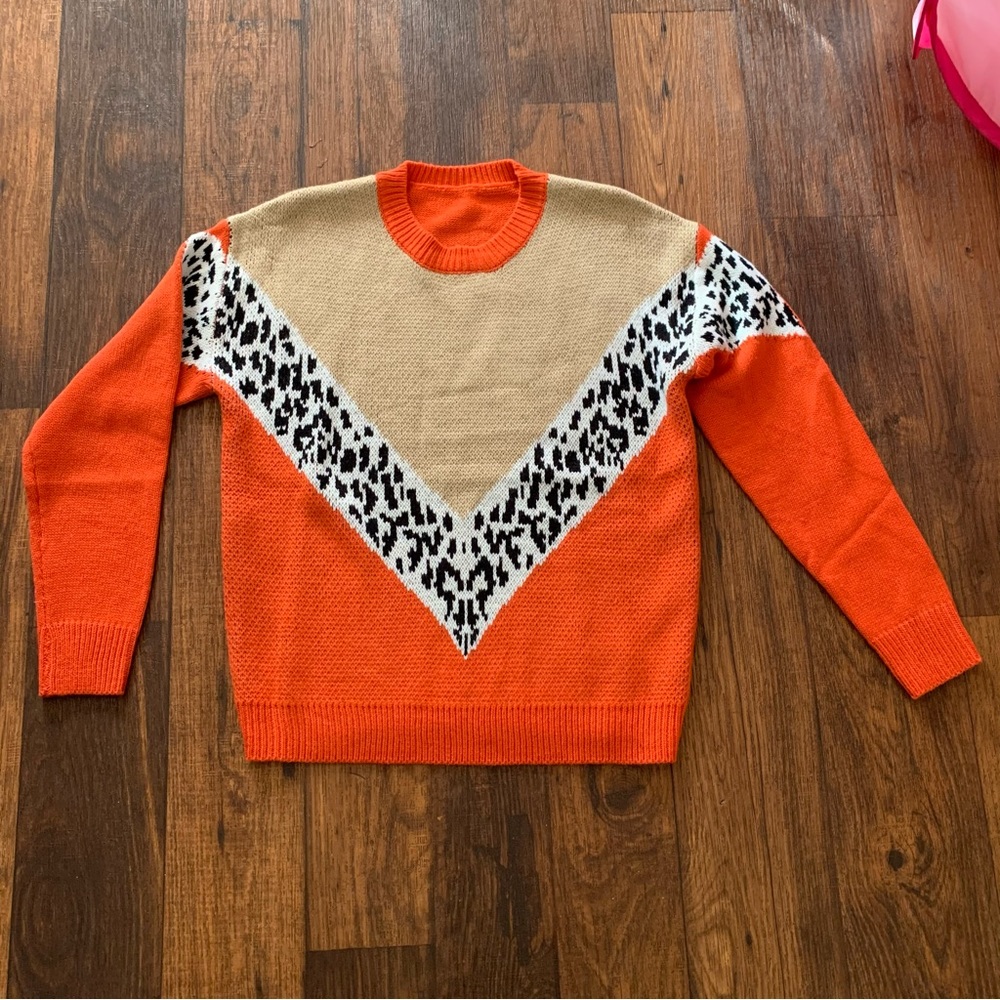 SHEIN Girls Leopard Pattern Colorblock Drop Shoulder orange Sweater size M (6)